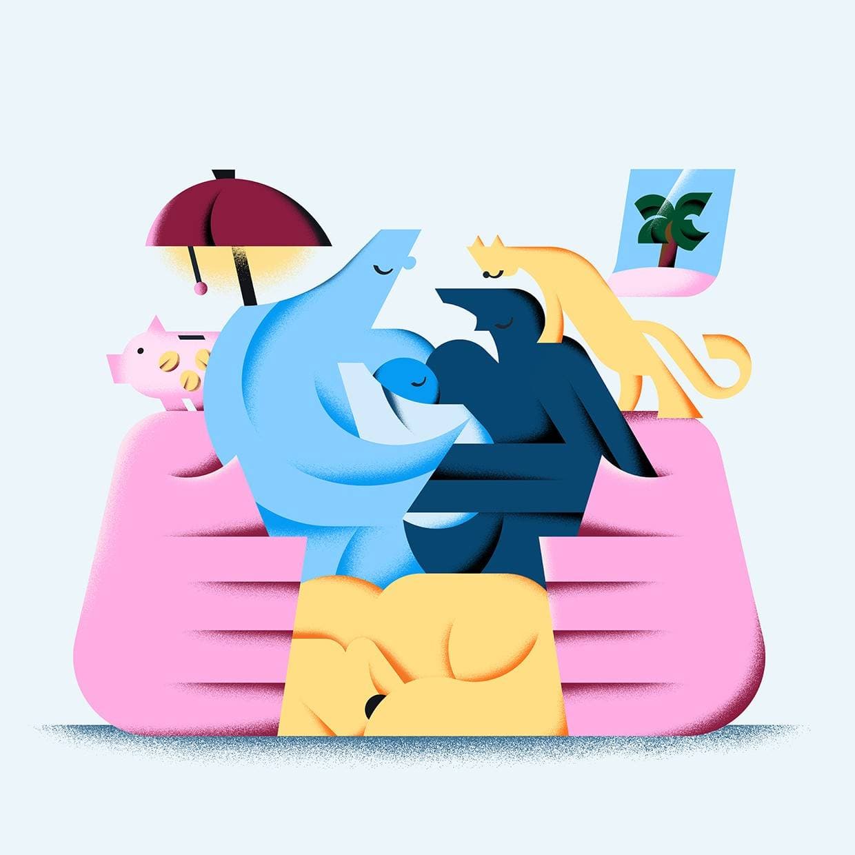 Abstrakt illustration med färgglada figurer på en rosa soffa. En gul hund ligger på golvet och en gul katt står på soffans ryggstöd, med en spargris och en växt i bakgrunden.