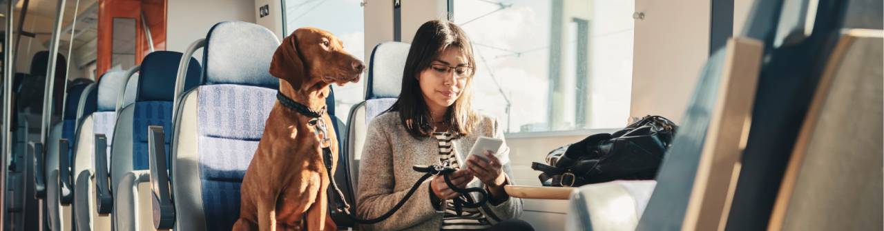 Kvinna sitter på en plats i ett tåg med en hund och tittar i sin mobiltelefon.
