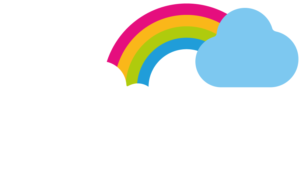 En illustration på en regnbåge mellan moln